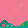 A pink background with a blue outlined deer filled with yellow lines. Below, three stylized deer stand on green hills near two trees—great inspiration for animal family crafts or kids' paper folding. Featured in "Baby Animals" by Schiffer Publishing, Ltd.
