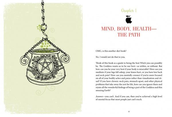An illustrated ornate cauldron with a pentacle hangs from a chain on a pale green background, beside a book page from "The Healthy Witch" by Schiffer Publishing, Ltd., a holistic witchy workbook introducing magikal healing.