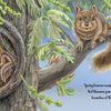 An illustration from "The Tiny Giant" by Schiffer Publishing, Ltd. shows a squirrel on a branch watching sleeping squirrels in a tree hollow amid blossoms and green leaves, with a blue sky and text to the right.
