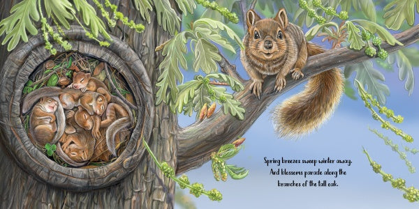 An illustration from "The Tiny Giant" by Schiffer Publishing, Ltd. shows a squirrel on a branch watching sleeping squirrels in a tree hollow amid blossoms and green leaves, with a blue sky and text to the right.