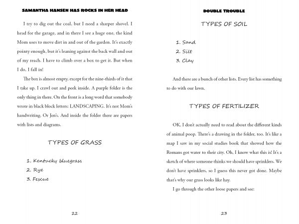 Pages from "Samantha Hansen Has Rocks in Her Head" by Schiffer Publishing, Ltd. feature text on gardens and landscaping for fourth-grade science, including sections on Types of Grass, Soil (sand, silt, clay), and Fertilizer.