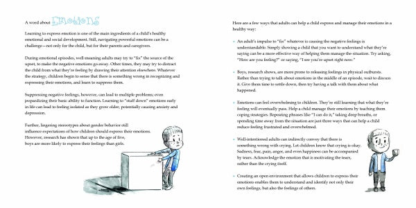 A two-page spread from Max's Box by Schiffer Publishing, Ltd. explores children's emotional development, offering ways to help kids express and manage emotions, featuring a child with an open box and a smiling adult in a suit.