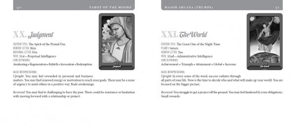 A page from Schiffer Publishing's Tarot of the Moors deck features black-and-white illustrations and detailed descriptions for Judgment and The World cards, including upright/reversed meanings, associations, and keywords in the Major Arcana section.