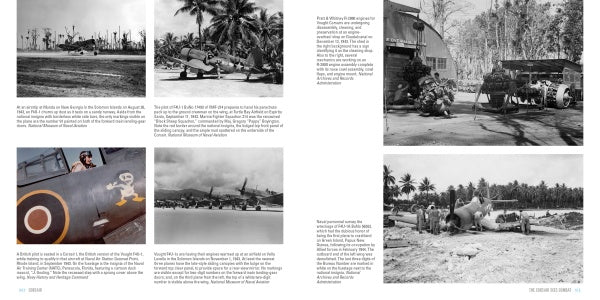 A two-page spread from Schiffer Publishing, Ltd.’s Corsair displays black-and-white WWII photos of the iconic F4U Corsair in tropical settings, with military personnel, captions under each image, and a backdrop of palm trees and clear skies.
