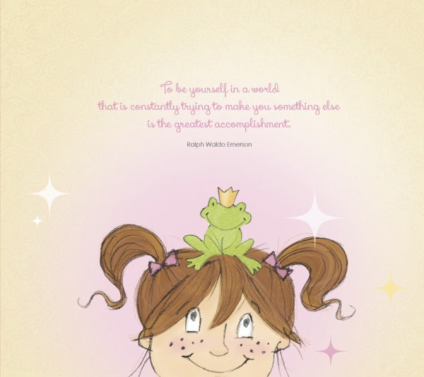 Charming illustration for "I Am Not a Princess!" by Schiffer Publishing, Ltd.: a smiling girl with brown pigtails and freckles, rosy cheeks, and a crowned green frog on her head against a light, starry background. Perfect for children's books.