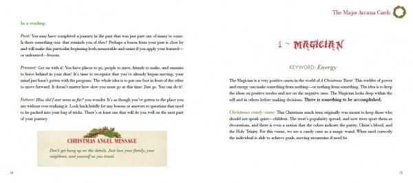 A book spread from A Christmas Tarot by Schiffer Publishing, Ltd. explains the Past, Present, Future tarot spread with a Christmas Angel Message in red and introduces 1 – The Magician card (keyword: Energy) from the Dickens Christmas Tarot.