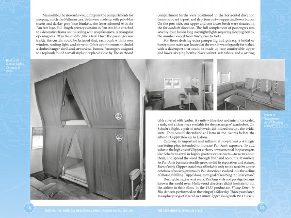 A black-and-white photo from "Hunting the Wind" by Schiffer Publishing, Ltd. captures a train’s sleeper compartment with bunks and a washstand, evoking the luxury of Pan Am flying boats from aviation’s golden age.