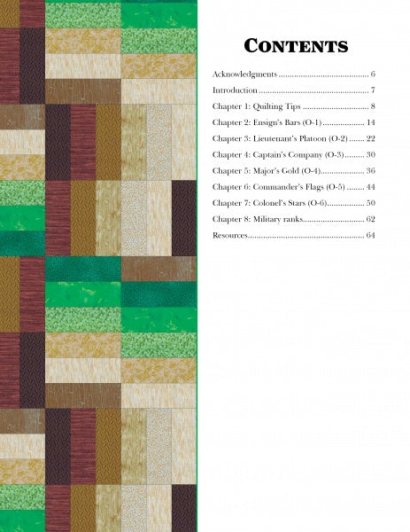 The table of contents in "From Ensign's Bars to Colonel's Stars" by Schiffer Publishing, Ltd. features a quilt-patterned left border and right-side chapter titles on quilting tips, military ranks, and military quilts with page numbers.