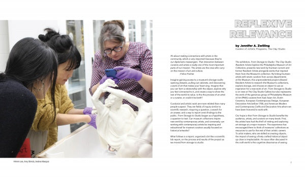 Three women in gloves examine and photograph a white sculpture during an art exhibit. On the right page is Schiffer Publishing, Ltd.’s "From Storage to Studio," featuring an article titled "Reflexive Relevance" by Jennifer A. Zwilling.