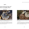 Left: Close-up of turkey tail fungi with wavy, banded caps on spalting wood. Right: Three round, brown polypore fungi on mossy ground. Photo from "Spalting 101" by Schiffer Publishing, Ltd.