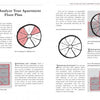A two-page spread in Feng Shui by Schiffer Publishing, Ltd. features instructions and diagrams for analyzing apartment floor plans with a compass, highlighting Feng Shui principles, labeled directions, energy flow, and example layouts.