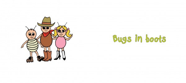 Three cartoon bugs in shoes—a cowboy, a pigtails-wearer, and a smiling friend—stand together. "Bugs in Shoes" by Schiffer Publishing, Ltd. appears in green text, making it a delightful rhyming book for children.