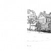 Black and white sketch of a two-story Victorian house with porch, trees, and shrubs on a large lawn, inspired by the "Victorian Buildings of the American West" coloring book from Schiffer Publishing, Ltd.; ample white space on the left.