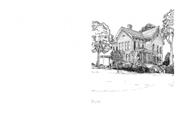 Black and white sketch of a two-story Victorian house with porch, trees, and shrubs on a large lawn, inspired by the "Victorian Buildings of the American West" coloring book from Schiffer Publishing, Ltd.; ample white space on the left.