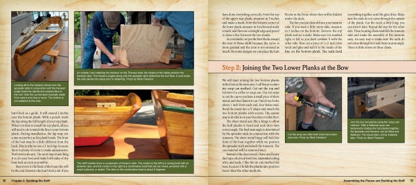 A book spread from "How to Build a Flatiron Skiff" by Schiffer Publishing, Ltd. features step-by-step photos, tool images, woodwork close-ups, and captions that explain wooden boat building techniques such as joining planks at the bow.