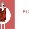 A fashion illustration from Colors de la Runway by Schiffer Publishing, Ltd. shows a woman in a red zigzag-patterned coat, with "RED" and "rouge" displayed, ideal for bilingual English-French children’s books about colors.