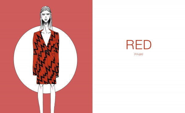 A fashion illustration from Colors de la Runway by Schiffer Publishing, Ltd. shows a woman in a red zigzag-patterned coat, with "RED" and "rouge" displayed, ideal for bilingual English-French children’s books about colors.