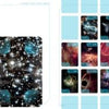 A page from Schiffer Publishing, Ltd.’s First Light Tarot guidebook shows Insight Cards with descriptions on the left and 24 cosmic-themed cards—stars, galaxies, and nebulae—in four rows on the right, part of the 66-card First Light Tarot set.