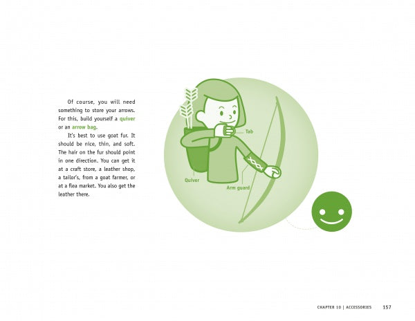 A simple green illustration shows a person drawing a bow with arrows in a quiver. "Making Bows with Children" by Schiffer Publishing, Ltd. offers storage tips and advice on soft leather or felt tabs—ideal for beginner bow makers.