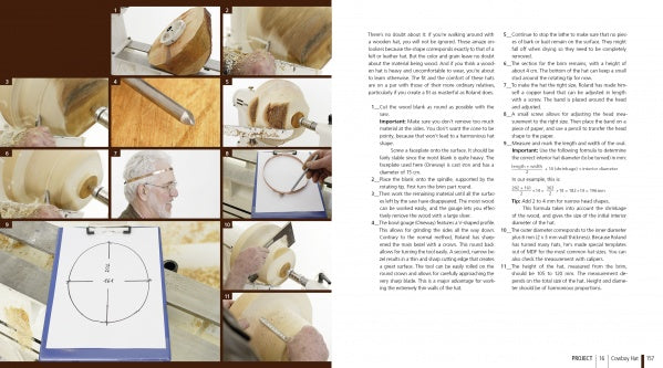 The book "New Woodturning Techniques and Projects" by Schiffer Publishing, Ltd. features step-by-step guides with photos of a man shaping wood on a lathe, using tools, measuring, marking on paper, and clear instructions alongside each image.
