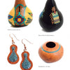 Discover "InLace Techniques" by Schiffer Publishing, Ltd.—a guide showcasing four unique gourd art pieces: two intricately carved and painted gourds, blue-accented gourd-shaped earrings, and a round gourd bowl with a blue rim.