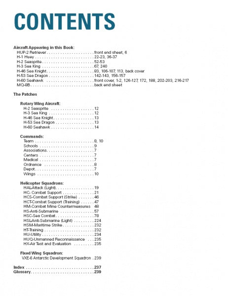 The table of contents for United States Navy Helicopter Patches by Schiffer Publishing, Ltd. lists aircraft, paths, commands, squadron patches, and US Navy helicopter patches with page numbers in columns with dotted leaders.