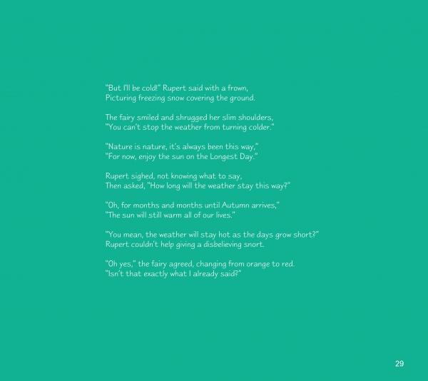 A page from Rupert’s Tales children’s book with a teal background, white text, Rupert and a fairy in verse about weather, sun, and seasons—a gentle nod to Pagan traditions. Page 29 is marked bottom right.