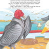 A buzzard with a red, featherless head stands on a dock beside a large white-and-gray gull, evoking scenes from Schiffer Publishing, Ltd.'s children’s adventure book "Toulouse." Other gulls fly over the water, with rope and wood on the dock.