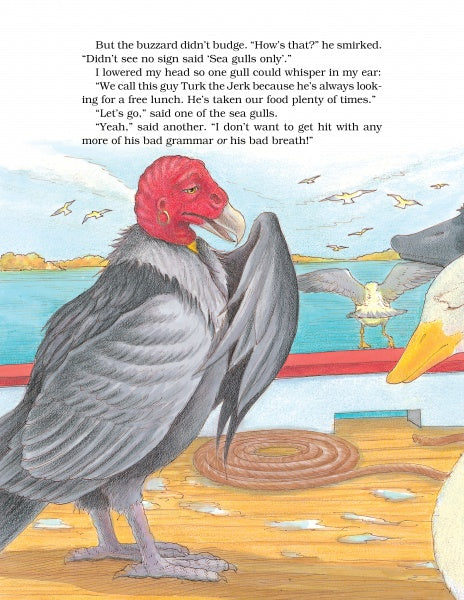 A buzzard with a red, featherless head stands on a dock beside a large white-and-gray gull, evoking scenes from Schiffer Publishing, Ltd.'s children’s adventure book "Toulouse." Other gulls fly over the water, with rope and wood on the dock.