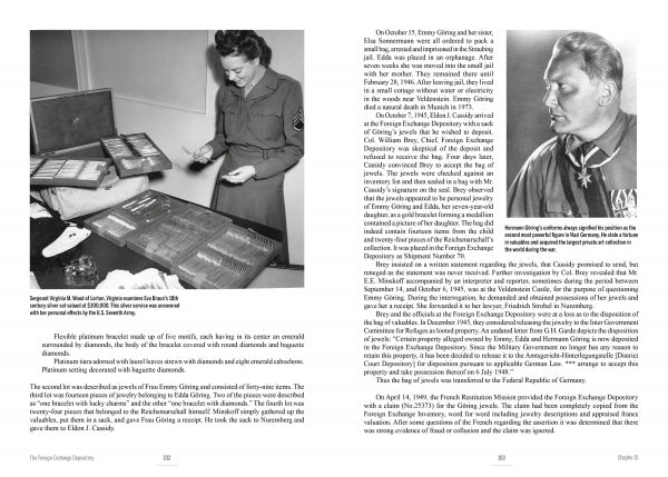 A woman in military uniform examines dental instruments on one page, while a serious man in uniform appears on the other—both featured in "Monetary Men" by Schiffer Publishing, Ltd., a book exploring dental history and WWII treasures.