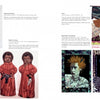 A magazine spread from Schiffer Publishing, Ltd.’s "The Art Is the Cloth" features textile art: dolls in elaborate clothing, three identical red-robed figures, woven portraits of women, and vibrant punk-inspired mixed-media portraits.