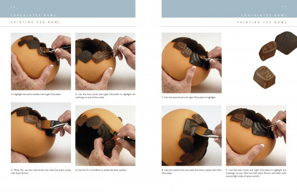 A step-by-step photo guide from Making Gourd Bowls with the Fairy Gourdmother® by Schiffer Publishing, Ltd. shows hands painting shapes onto a round bowl with edible paint—ideal for DIY gourd projects, including close-ups of two chocolate-like decorations.