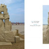 Contemporary Sand Sculpture by Schiffer Publishing, Ltd. depicts two intricate beach sculptures: a tall, abstract female figure with geometric elements on the left, and an ornate design with swirling, flame-like patterns and multiple faces on the right.