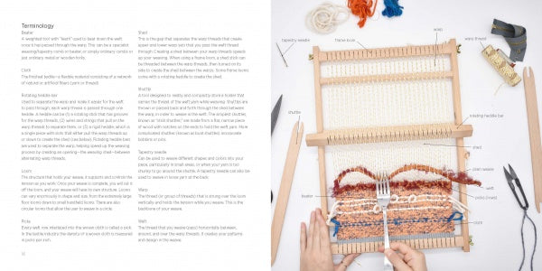 A hand uses a fork to press orange and blue yarn onto a wooden loom surrounded by labeled tools on a white surface, with instructions from Schiffer Publishing, Ltd.'s "Weaving"—ideal for learning sustainable weaving techniques.