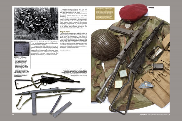 A magazine spread features The Sten by Schiffer Publishing, Ltd., with a group photo of British elite forces, WWII history text, and images of STEN guns, medals, helmet, red beret, and camouflage uniform on display.