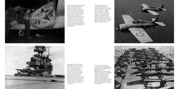 A Grumman F4F Wildcat collage from Schiffer Publishing, Ltd. features four black-and-white World War II photos: pilots near a Wildcat, two F4Fs in flight, a plane on a carrier deck, and rows of planes lined up on another carrier.