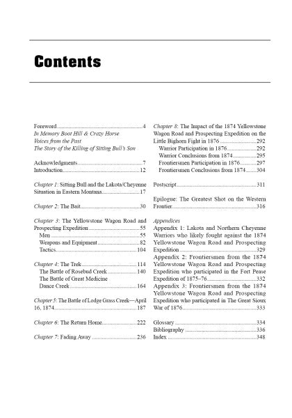 Table of contents listing chapters and page numbers for "Sitting Bull, Crazy Horse, Gold and Guns" by Schiffer Publishing, Ltd., covering the 1874 Yellowstone Wagon Road Prospecting Expedition, related Montana events, sections, appendices, and an index.