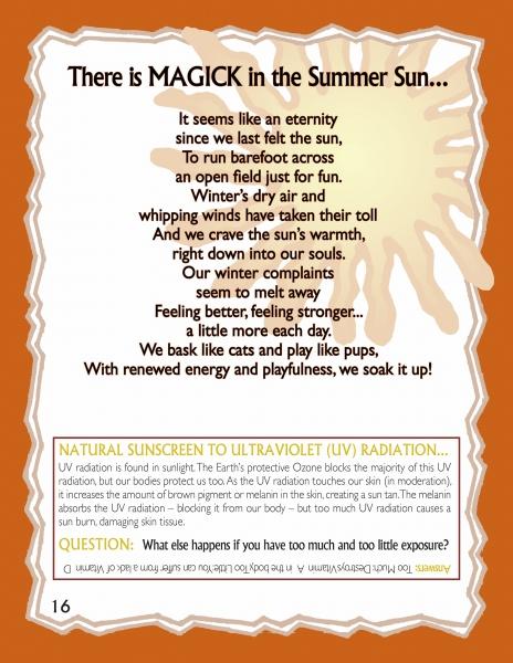 A page in Everyday MAGICK for Children of Earth-Based Spiritual Families shows a sun illustration with the title "There is MAGICK in the Summer Sun..." and features a summer poem, UV fact, and question linking science to earth-based spirituality.