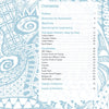 The table of contents for "Meditative Zendoodles" by Schiffer Publishing, Ltd. features a blue and white doodle background and lists Preface, Exercises for Relaxation, Materials, Patterns, Zendoodling Techniques, Design Collection, and Index of Patterns.