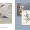 Two pages from "Twisted" by Schiffer Publishing, Ltd.: Left page shows a quilt with geometric stitching in pastel colors; right page features two contemporary quilts—one patchwork, one with a large geometric star made from vintage fabrics.