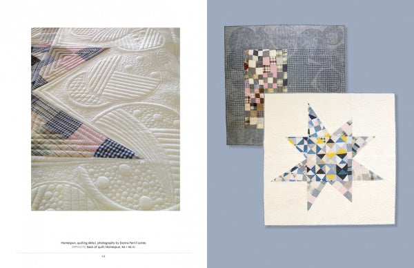 Two pages from "Twisted" by Schiffer Publishing, Ltd.: Left page shows a quilt with geometric stitching in pastel colors; right page features two contemporary quilts—one patchwork, one with a large geometric star made from vintage fabrics.