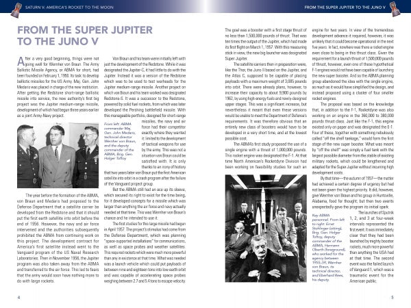 A two-page magazine spread titled From the Super Jupiter to the Saturn V, published by Schiffer Publishing, Ltd., includes columns of text and two black-and-white photos—one showing five men in suits, another of a group at a table during Apollo.