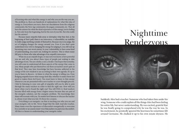 An open book displays text on both pages. The right page shows a grayscale woman's eyes behind clock lines, symbolizing empathy, with “The Empath and the Dark Road,” Schiffer Publishing, Ltd., and a large 5 beside the image.