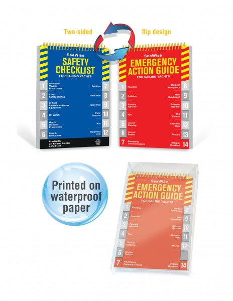 The SeaWise Emergency Action Guide and Safety Checklists for Sailing Yachts by Schiffer Publishing, Ltd. is a two-sided waterproof flipbook with a yellow Yacht Safety Checklist cover and a red Sailing Emergency Guide for easy reference at sea.