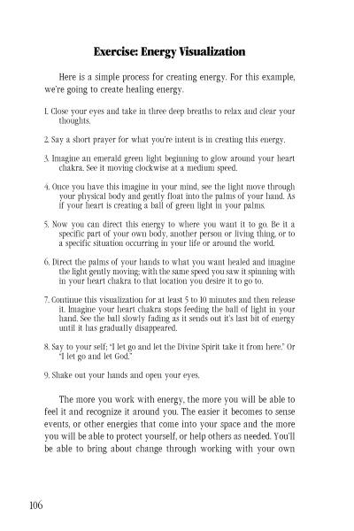 A page from Pagan Metaphysics 101 by Schiffer Publishing, Ltd. offers step-by-step energy visualization instructions, covering soul anatomy, relaxation, visualization, prayer, and guidance for channeling healing energy. Page 106 is shown.