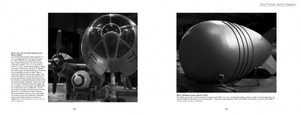 The book "Weapons of Mass Destruction" by Schiffer Publishing, Ltd. features historic black and white photos of the Enola Gay B-29 cockpit and the Fat Man bomb, each paired with descriptive museum-style text.