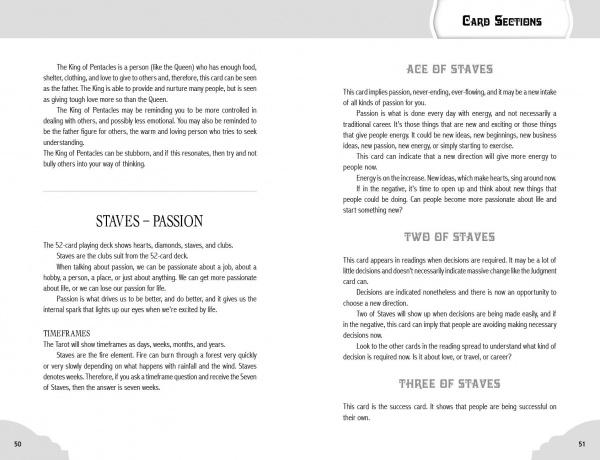 A page from Schiffer Publishing, Ltd.'s My First Tarot guidebook, featuring clear layouts and sections that explain the Ace, Two, and Three of Staves cards, plus a section on Staves – Passion.