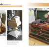 A step-by-step photo guide in "Concepts to Caricatures" by Schiffer Publishing, Ltd. shows carving a figure from a block with patterns, tools, and sketches, plus a toolbox with carving tools and a chest topped with a red cap.