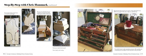 A step-by-step photo guide in "Concepts to Caricatures" by Schiffer Publishing, Ltd. shows carving a figure from a block with patterns, tools, and sketches, plus a toolbox with carving tools and a chest topped with a red cap.