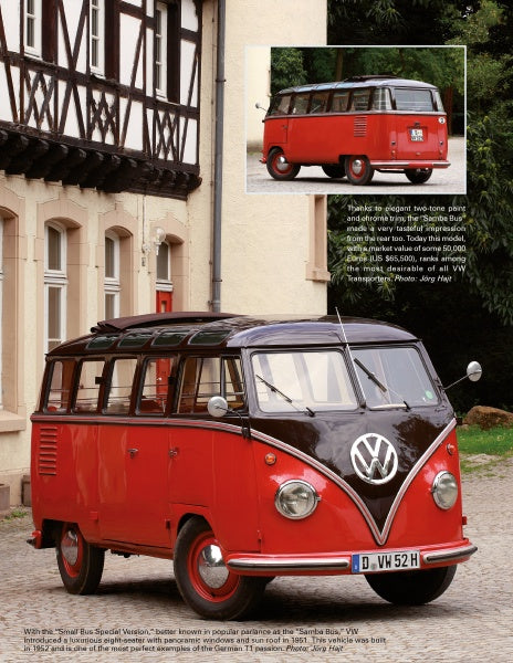 A vintage red and black VW Bus by Schiffer Publishing, Ltd. is parked on a cobblestone driveway before a beige building; another view shows its classic split windshield and rear design.